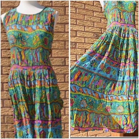 Bila Crinkle Maxi Dress Boho lisa Frank Tropical Fish Hawaii Vtg 90s Seashell L - Picture 1 of 11